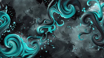 Abstract art features vibrant turquoise swirls on a charcoal grey background with a liquid texture.