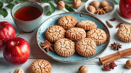 Fototapeta premium A plate of cookies beside a cup of tea, with cinnamon and an apple on a white table