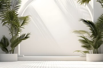 Interior of a white room with sunlight and tropical plants
