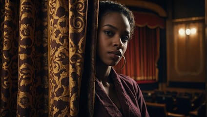 Young African American woman peeking from curtains looking at theater stage, copy space