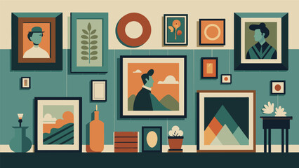 A wall of framed vintage artwork and prints adding a touch of sophistication to the space.. Vector illustration