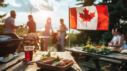 Sunset BBQ scene with Canadian flag, people celebrating outdoors
