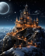 Fantasy landscape with castle, moon and stars. 3D illustration