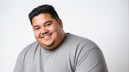smiling young hispanic overweight man studio portrait on plain white background from Generative AI