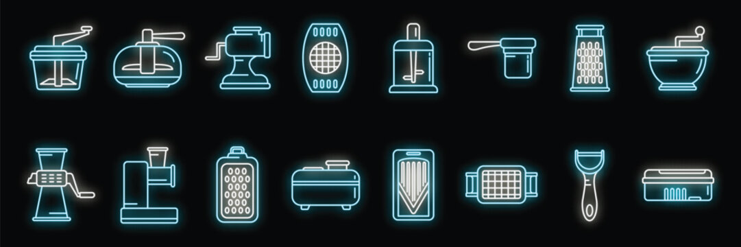 Vegetable cutter icons set outline vector. Chopper appliance. Cooking dicer neon color on black