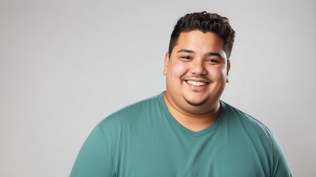 smiling young hispanic overweight man studio portrait on plain white background from Generative AI