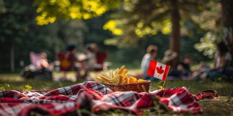 Obraz premium Canada Day picnic scene with a focus on fries and flag.