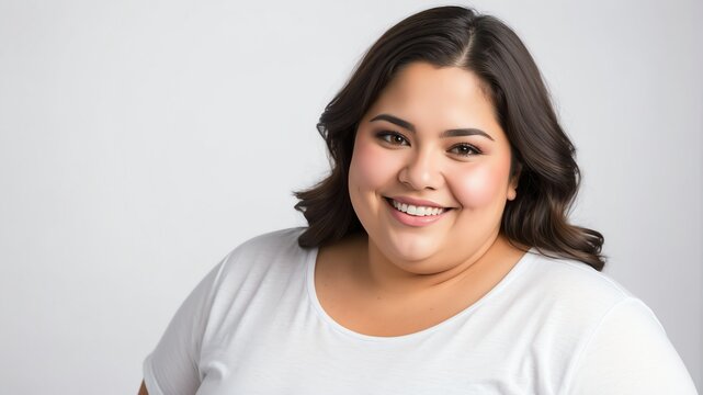 smiling young hispanic overweight woman studio portrait on plain white background from Generative AI