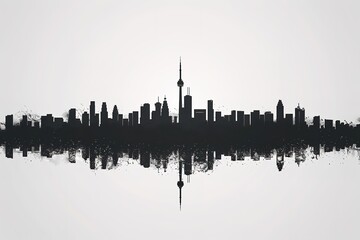 Silhouette of a city skyline with reflection, monochrome