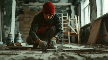 Focused man in red beanie kneeling and laying tiles in a dusty room during building renovation.