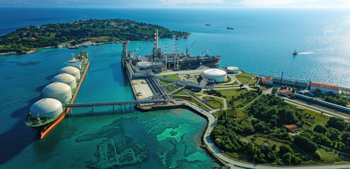 A large oil tanker is docked at the port, carrying three giant white spherical tanks filled with yellow liquid gas on board. The entrance to an industrial complex can be seen in the background