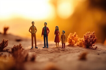 Fototapeta premium A group of tiny figures standing on the vast sandy desert landscape under a clear sky