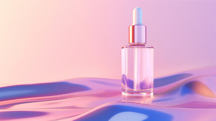 Elegant skincare dropper bottle poised on a swirling pastel pink and blue background, reflecting luxury.