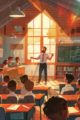 Obraz premium Classroom management to teach class culture and behavior person concept. Kids knowledge learning culture with teacher encouragement to share information and ask questions vector illustration.