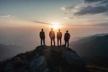 Three male hikers standing triumphantly on a mountain summit as the sun sets in the background