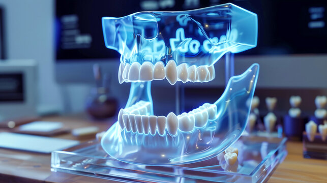A detailed 3D model of human jaws and teeth displayed in a dental office environment.