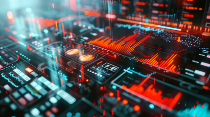 Naklejka premium Futuristic digital DJ mixing console with glowing red and blue interface and dynamic sound visualizations.