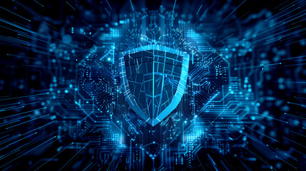 Futuristic digital illustration of a shield symbol surrounded by complex circuit board patterns in blue tones.