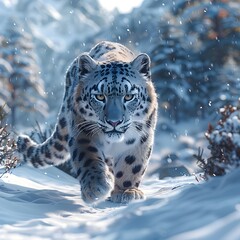 Majestic Snow Leopard Prowling Through Snowy Himalayan Valley with Towering Mountains in the