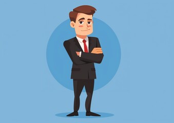 Confident Businessman Cartoon Character Standing with Arms Crossed on Blue Background - obrazy, fototapety, plakaty