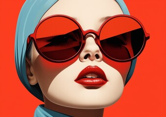 Stylish Woman with Oversized Red Sunglasses and Blue Scarf on Vibrant Red Background. - obrazy, fototapety, plakaty