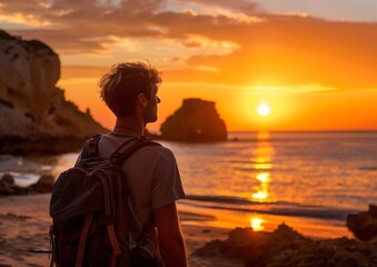 Young Man with Backpack Enjoying Tranquil Sunset on Beach Vacation