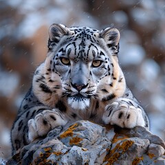 Obraz premium Powerful Snow Leopard Crouched on Rocky Outcrop Ready to Pounce