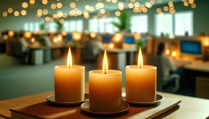 Candle flames glow warmly in an office, captured with a macro lens and high resolution. The image features a bokeh background, emphasizing the serene atmosphere. - obrazy, fototapety, plakaty