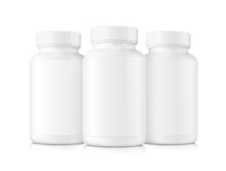 Plastic bottle mockups for sports nutrition, additives, vitamins. Vector illustration isolated on white background. Can be use for template your design, presentation, promo, ad. EPS10.