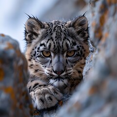Fototapeta premium Powerful snow leopard crouched on a rocky outcrop ready to pounce with intense gaze and raw untamed