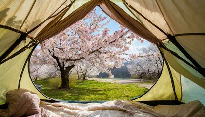 テントの中から見える、春の桜の景色