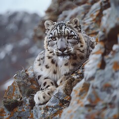 Naklejka premium Snow Leopard Poised to Pounce on Rocky Mountain Outcrop with Keen Gaze and Taut Musculature