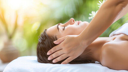 Fototapeta premium A woman lying face down on a massage table, with a massage therapist working on her back in a spa setting