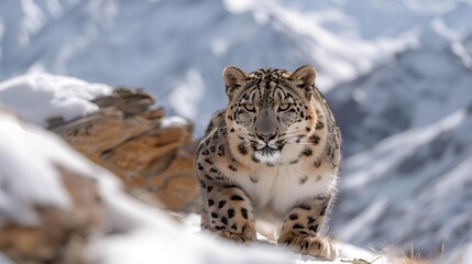 Fototapeta premium Majestic Snow Leopard Poised to Pounce Amidst Jagged Himalayan Peaks