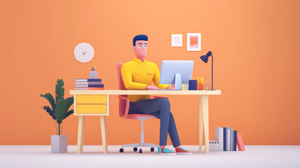 Illustration of a young man working at a stylish desk setup with a modern design aesthetic.