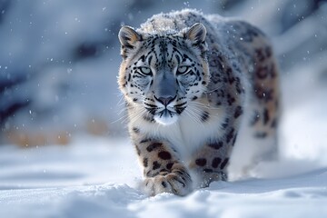 Majestic Snow Leopard Prowling Through Snowy Alpine Landscape of Himalayas