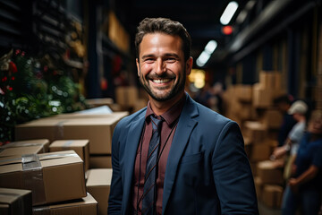 Obraz premium A professional man clad in a suit and tie is standing next to a row of boxes in an industrial setting