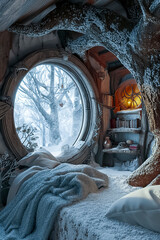 a cozy interior contrasting with a snowy landscape, creating a magical and serene atmosphere with warm and cold tones