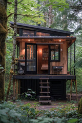 a cozy, illuminated cabin in a lush forest, highlighting the harmony of modern architecture and nature