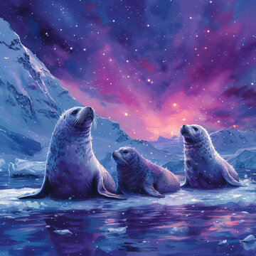 The watercolor Illustration of adult and baby seal resting on ice floe