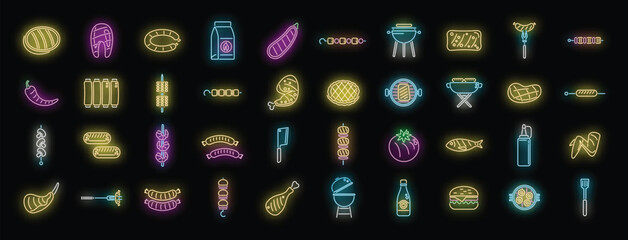 Grilled food icons set outline vector. American cooked. Korean chicken neon color on black