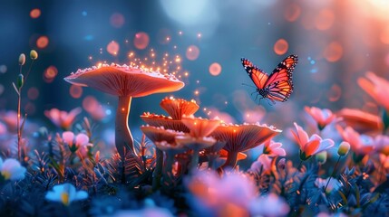 Radiant mushrooms casting light over vibrant flowers with a sparkling butterfly in flight, captured at dusk.