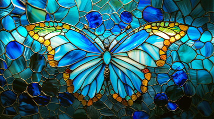 Vibrant stained glass art featuring a large, intricately designed butterfly in hues of blue.