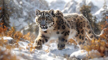 Fototapeta premium Elusive Snow Leopard Stalking Its Prey in Rugged Alpine Landscape