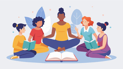As the book club discusses their latest book they incorporate mindful stretching and movement exercises to maintain focus and relieve tension.. Vector illustration