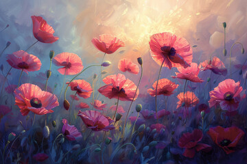 Obraz premium Pink Poppys Flowers Painting in Field. Generative AI