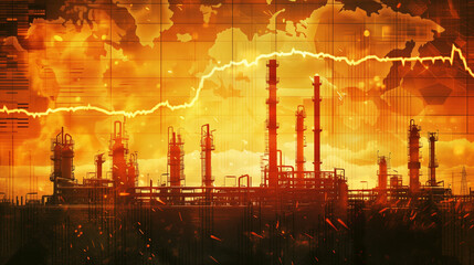 An industrial oil refinery silhouette with stock market charts overlay in a vivid orange hue.