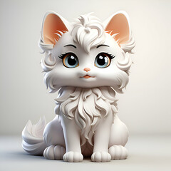 Cute white cat sitting on a white background. 3d rendering.