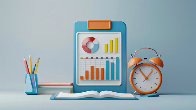 A 3D visualization of a time management app, highlighting its features for organizing work tasks.