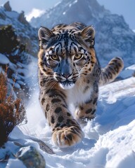 Stealthy Snow Leopard Prowling Through Snowy Alpine Landscape Keen Eyes Scanning for Its Next Meal